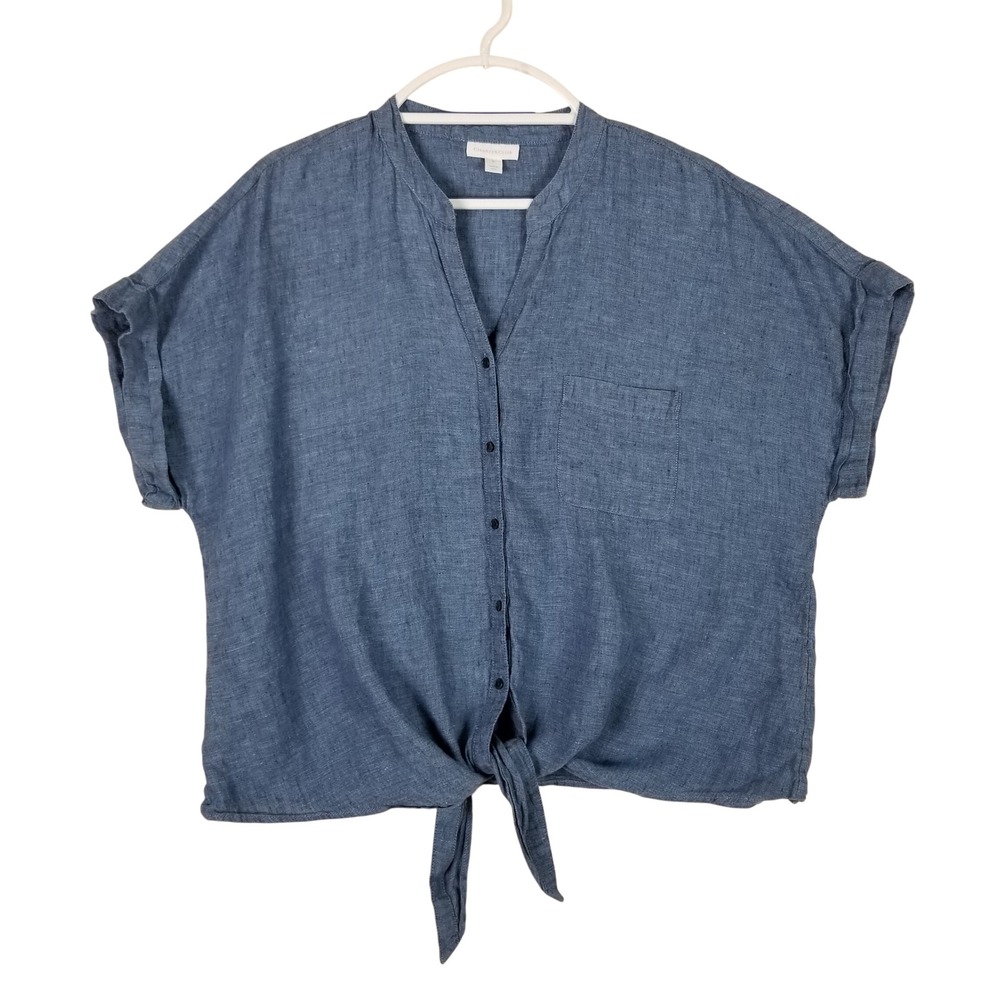 Charter Club Button Up Top Women XL Blue Linen Tie Front Short Sleeve Blouse